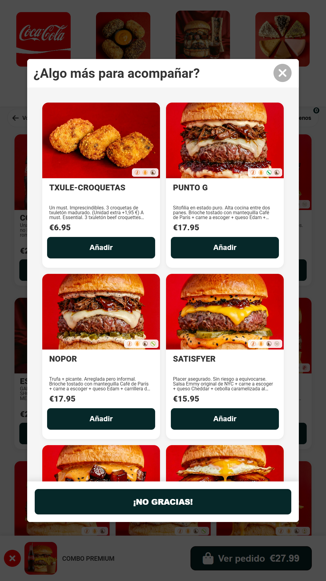 Pantalla de Kiosko de Restaurante mostrando el software de sugerencias de Upselling y venta cruzada